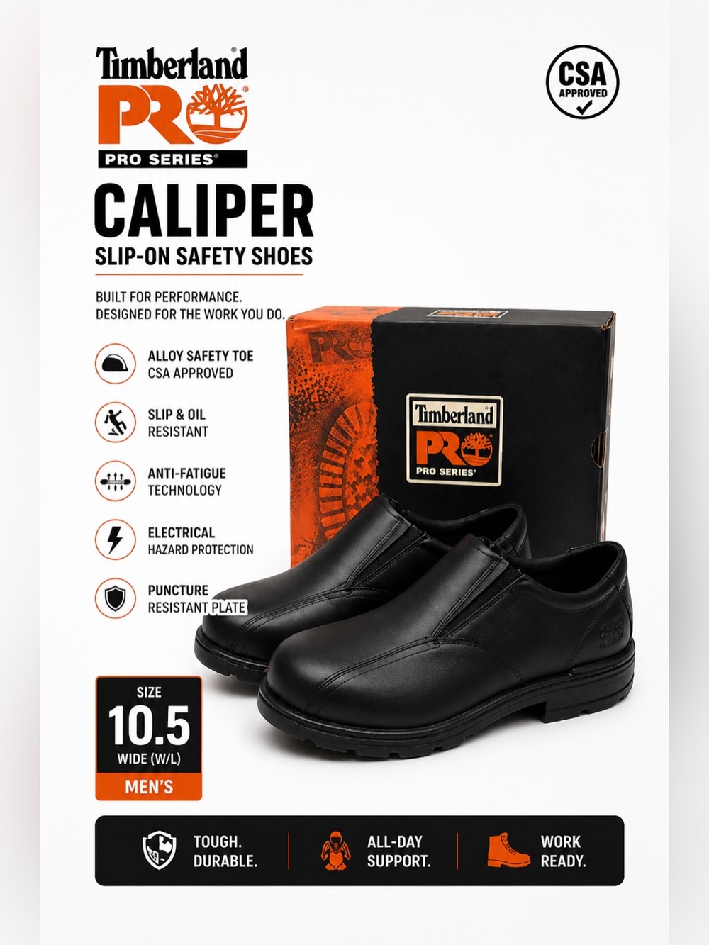 Timberland PRO Caliper Slip-On Safety Shoes Men’s 10.5 Black Steel Toe Work NEW
